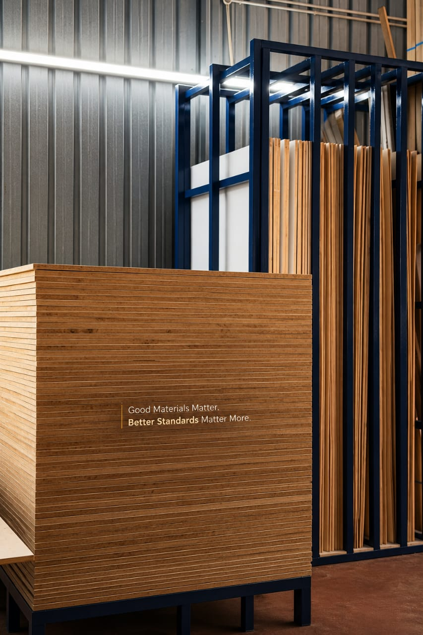 Susunan panel material berkualiti di kilang Kabinet Lawo